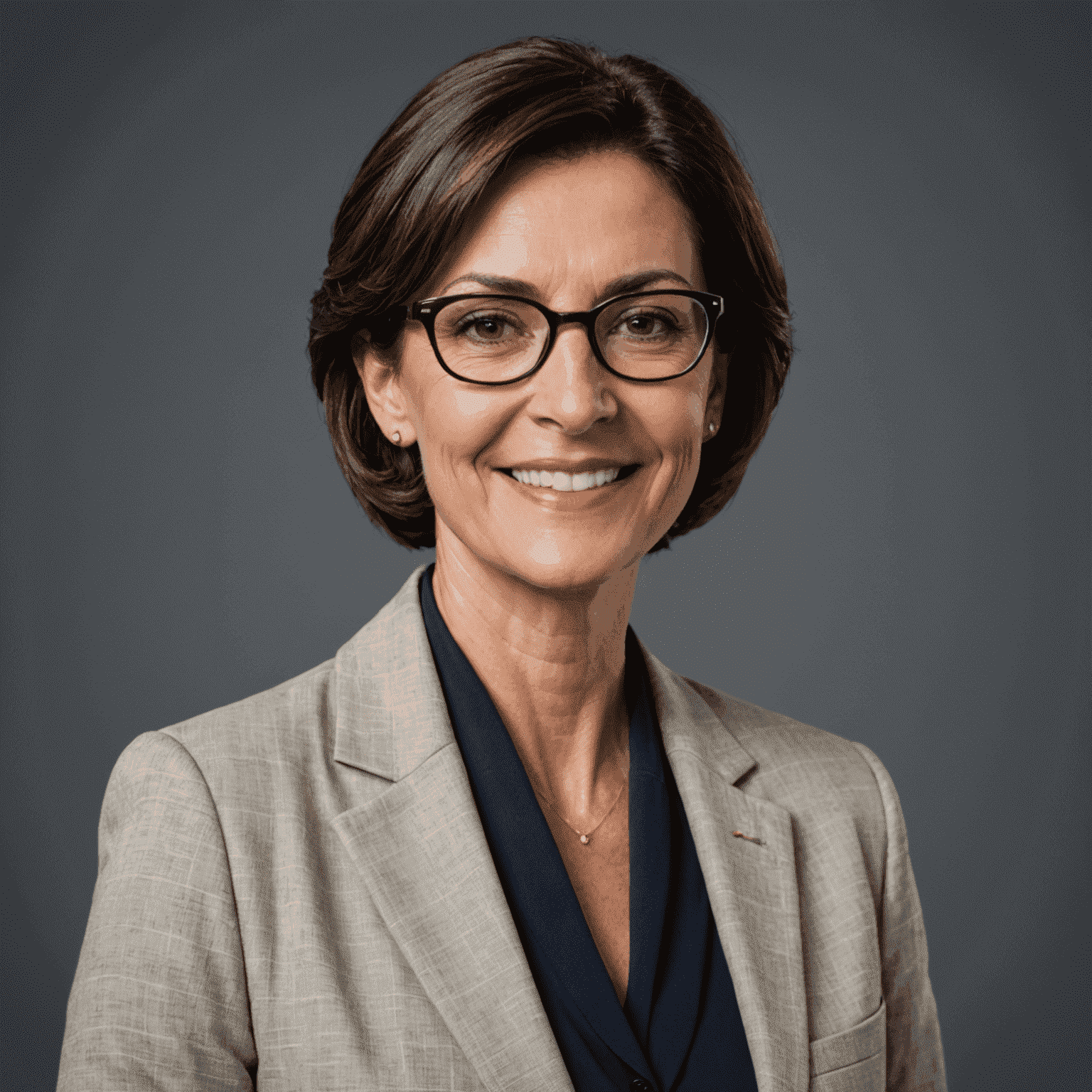 Portrait of Elena Rossi, a middle-aged woman with short dark hair and glasses, wearing a professional blazer, smiling confidently at the camera