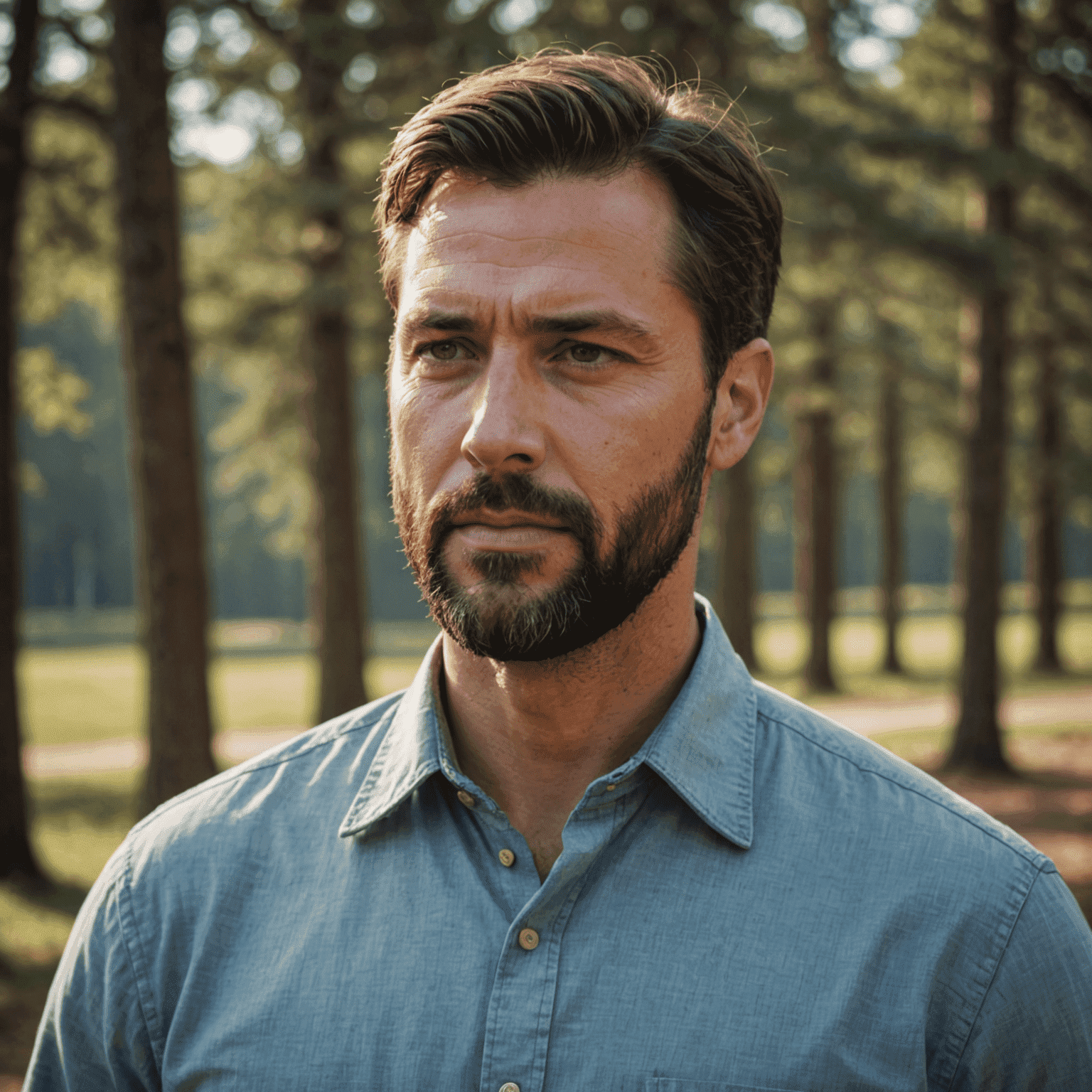 Portrait of Marcus Schmidt, a man in his early 40s with a neatly trimmed beard, wearing a casual button-up shirt, looking thoughtfully off-camera