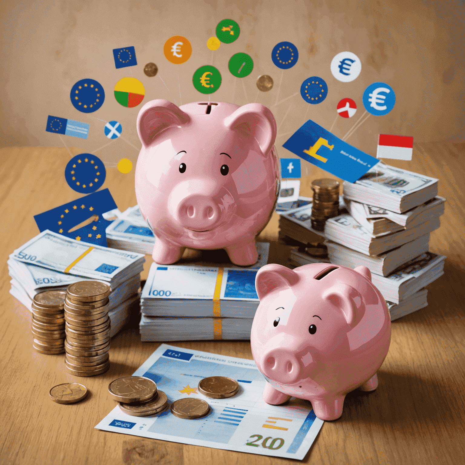 Various Euro currency symbols, graphs, and a piggy bank representing funding options for European entrepreneurs