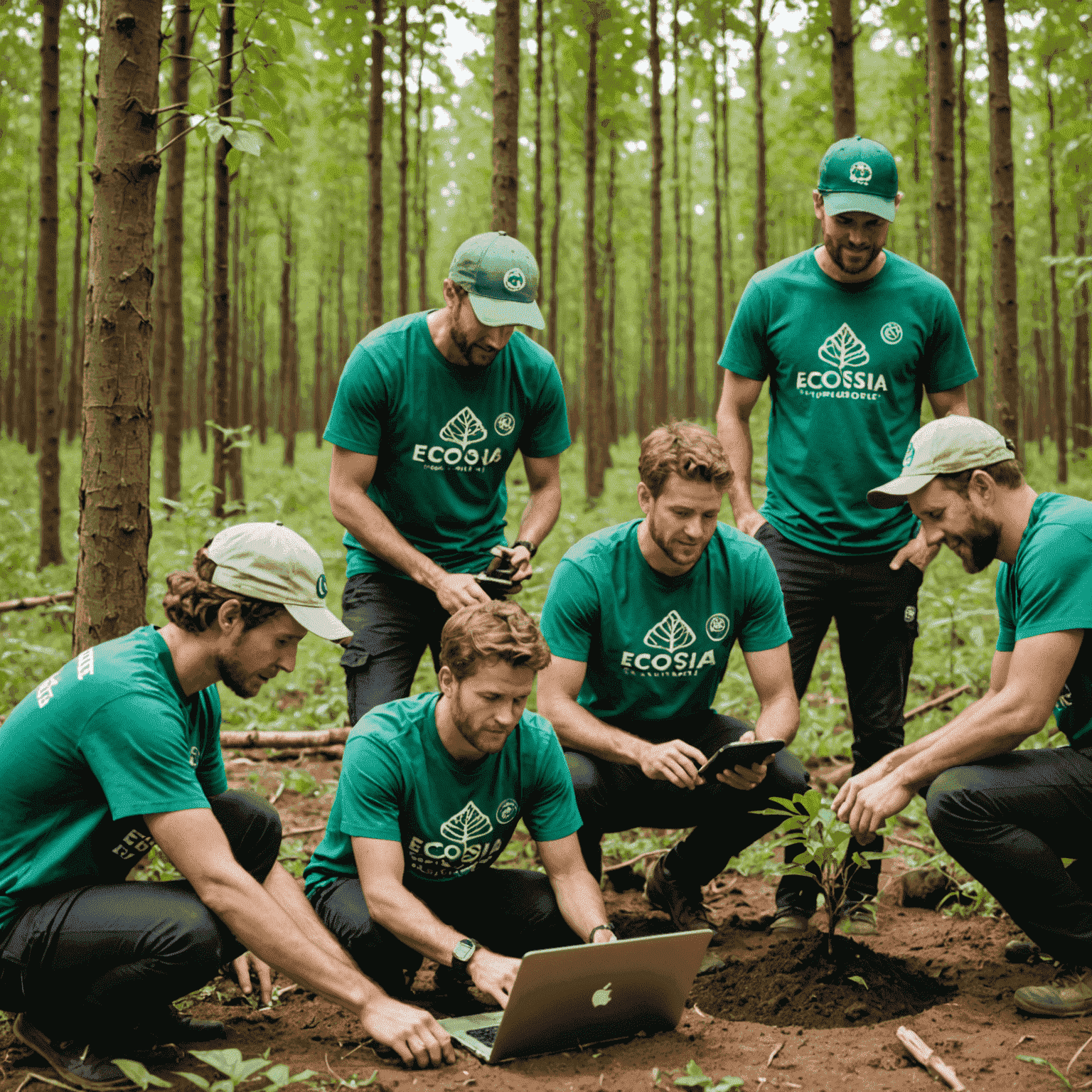 Ecosia team planting trees in a reforestation project, with their logo visible on t-shirts and a laptop showing search results in the foreground