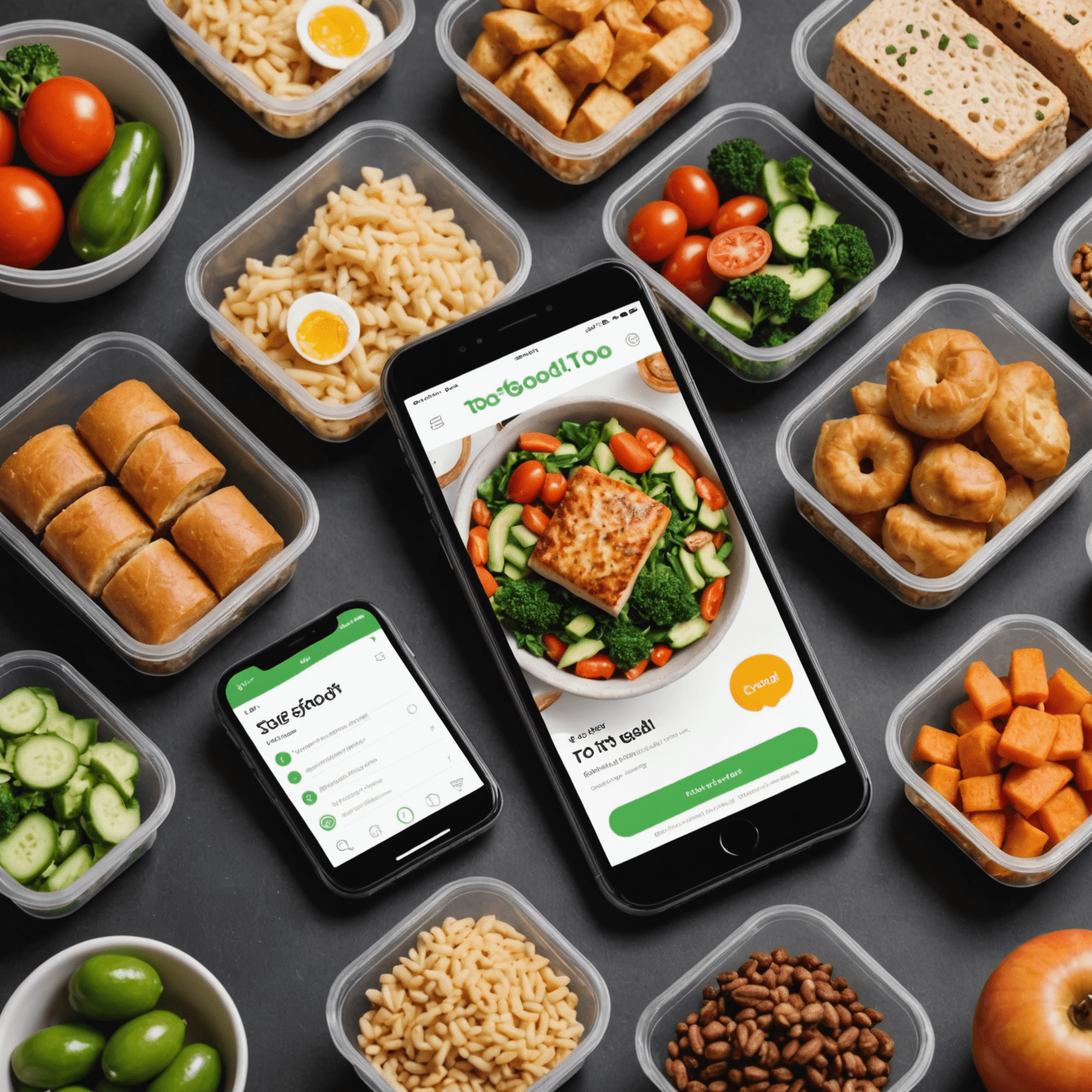 Too Good To Go app interface on a smartphone, with a background of various food items being packed into eco-friendly containers