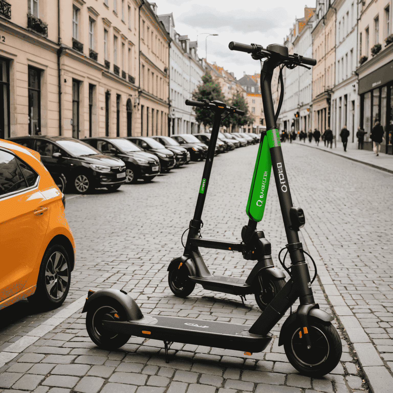 Bolt's electric scooters and cars parked in a European city center, with the Bolt app visible on a smartphone in the foreground