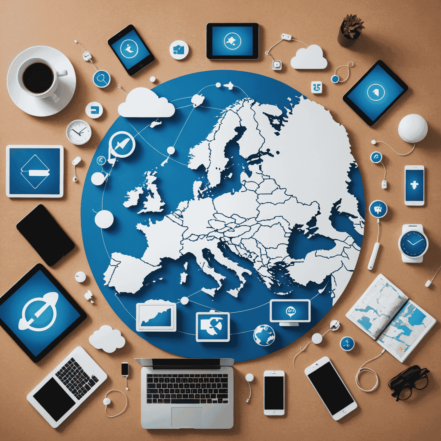 A futuristic collage showing various digital devices, cloud computing symbols, and a map of Europe, illustrating digital transformation