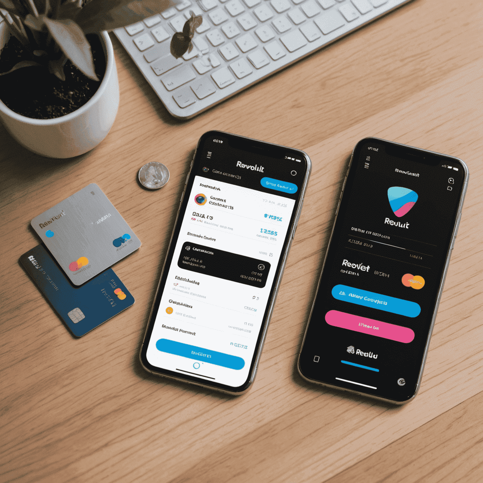 Revolut's sleek metal card next to a smartphone showing the app's interface with various financial services and cryptocurrency options